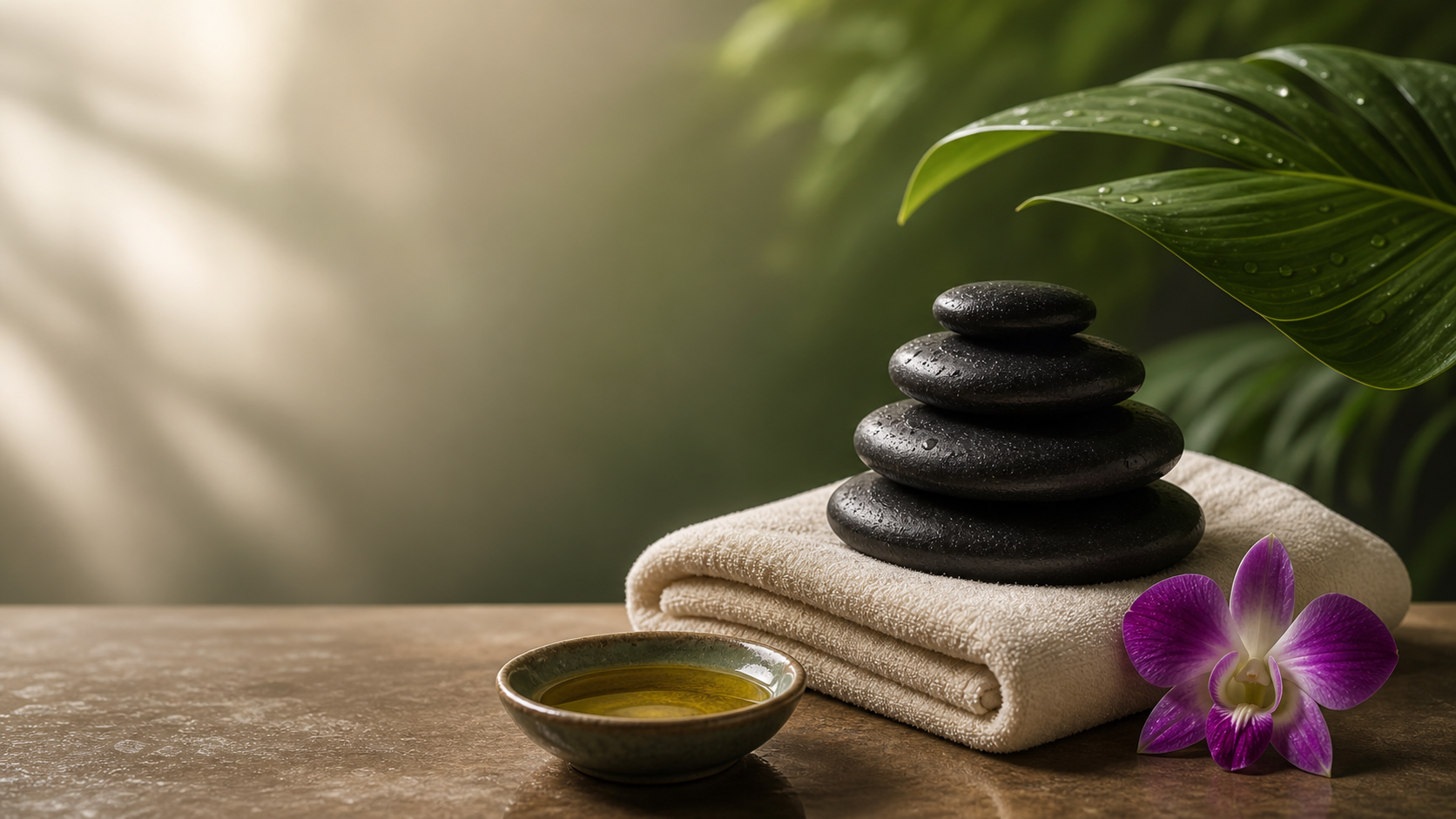 Neutral arrangierte Hot Stones mit Blatt und Thai-Orchidee