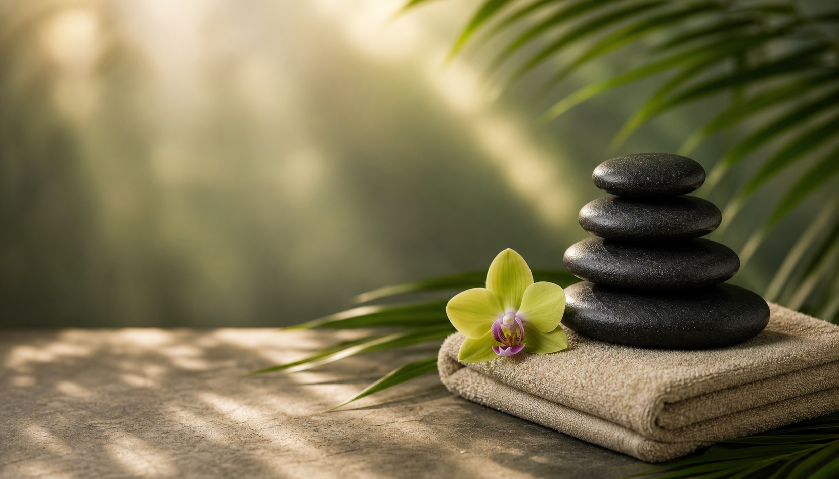 Neutral arrangierte Hot Stones mit Blatt und Thai-Orchidee